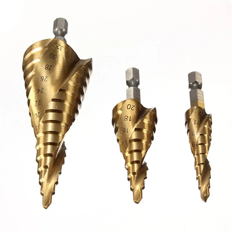 DB-S1 HSS Spiral Step Drill Bit Set - 3Pcs 4-12mm, 4-20mm, 4-32mm - Image 3