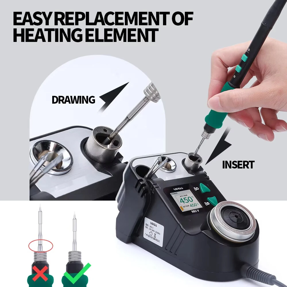YIHUA 982-V Solder Station | Fast Heating C245 Iron | Compact Tip & Easy Core Replacement - Image 3