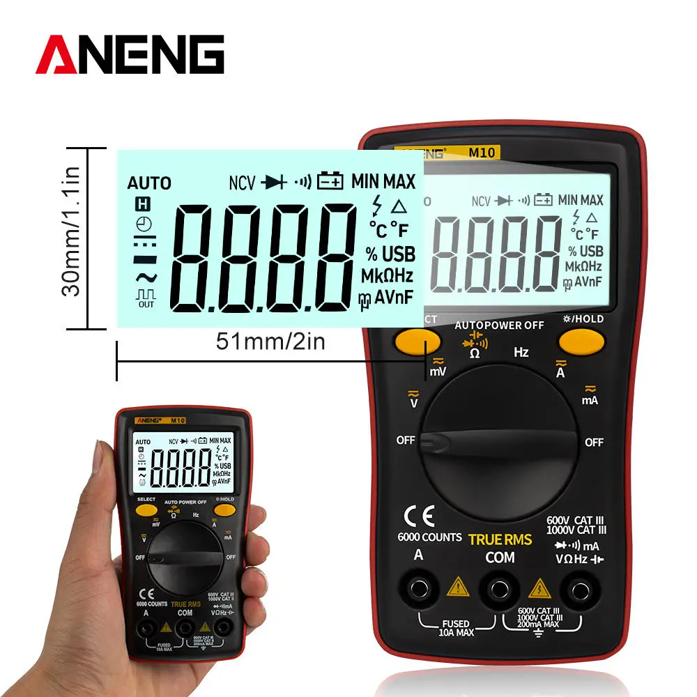ANENG M10 Digital Multimeter - 6000 Counts AC/DC Voltmeter Ammeter Ohm Tester - Image 2