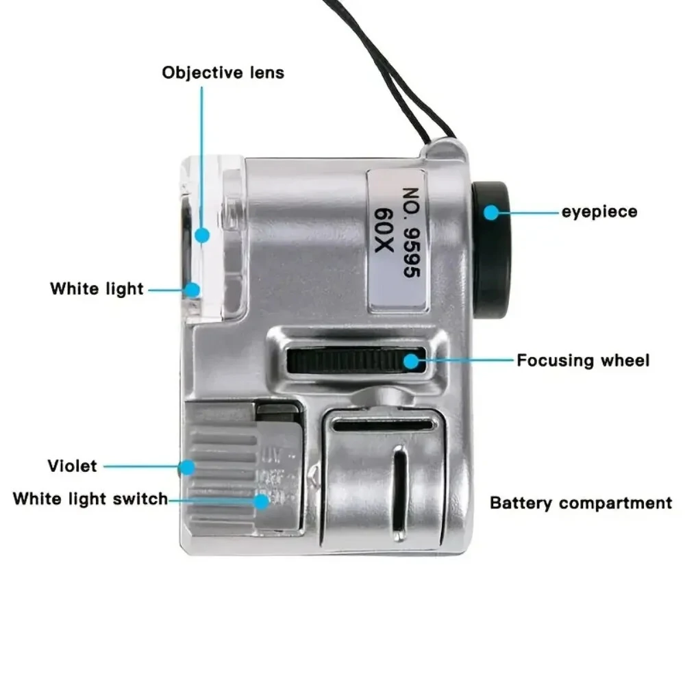 60X Handheld Mini Pocket Magnifier with UV & LED Light | Portable Jeweler Microscope for Inspection - Image 4