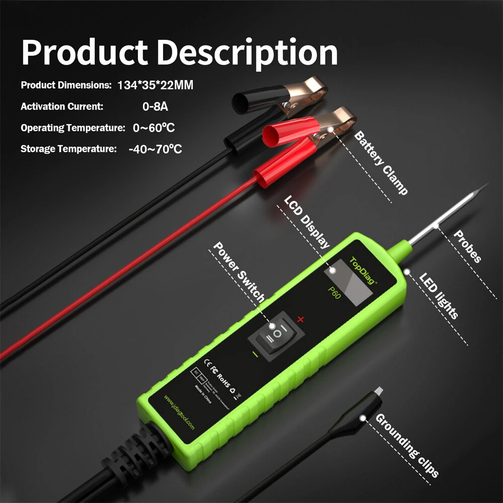 JDiag P60 Automotive Circuit Tester | 0.3-70V Voltage & Diode Tester | Multi-Use Vehicle Diagnostic Tool - Image 3