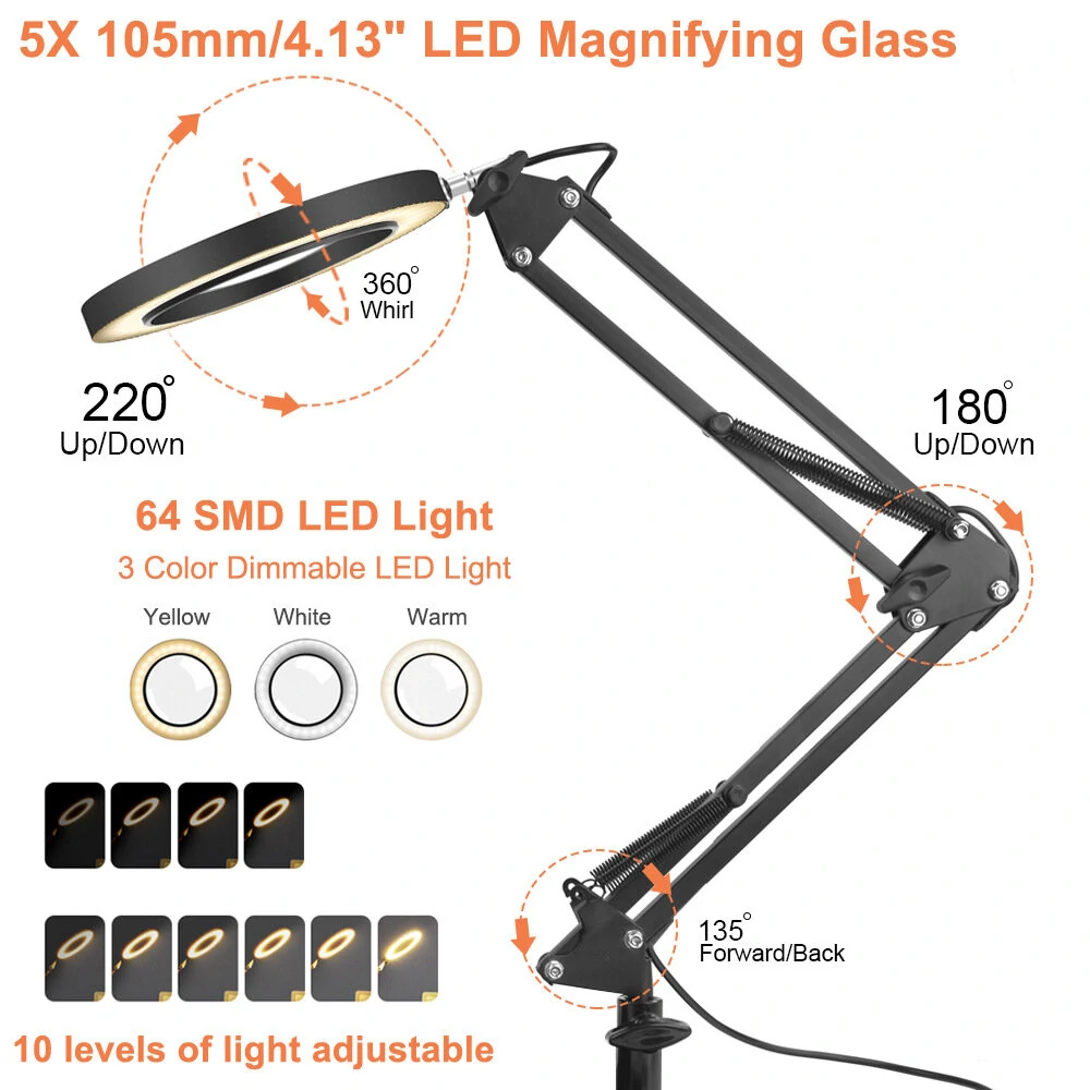 5X LED Magnifying Lamp - 64 Adjustable Lights for Reading, Crafts & Soldering - Image 3