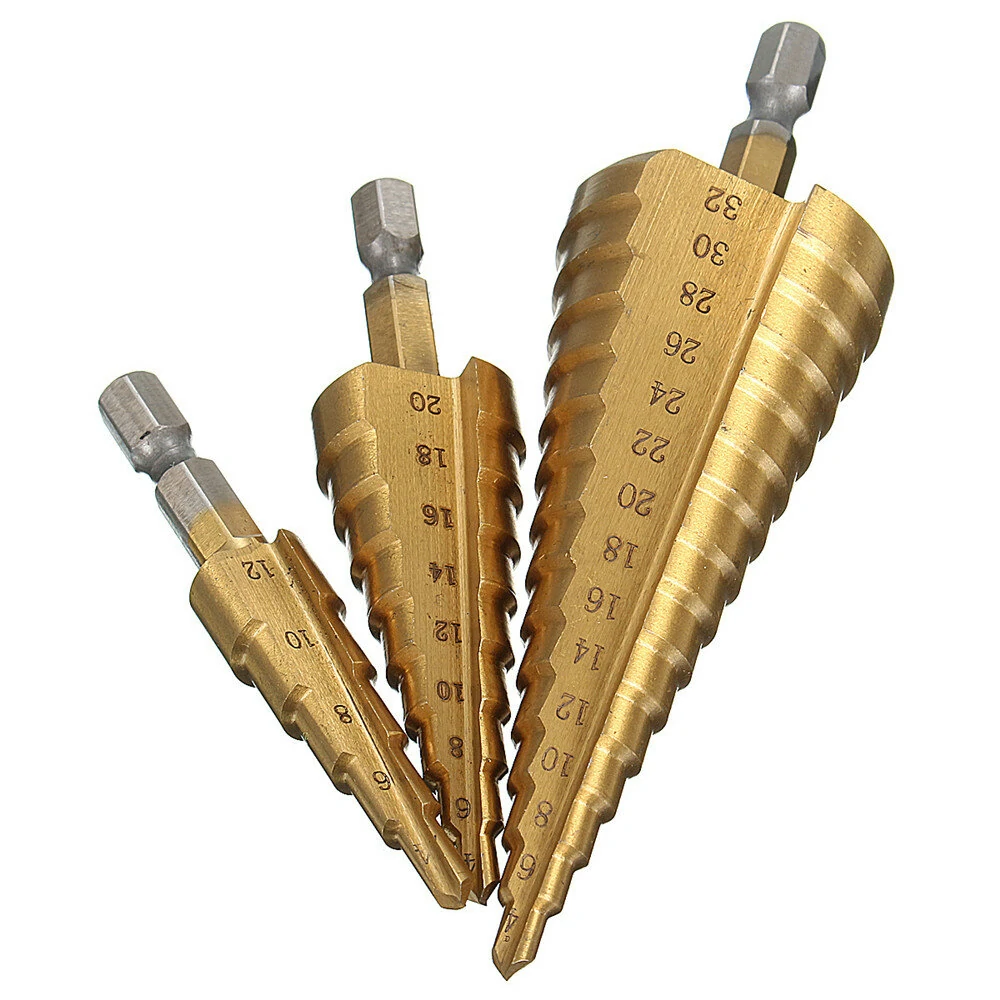 Drillpro 3pcs HSS Titanium Step Drill Bit Set | 4-32mm | Hex Shank - Image 4