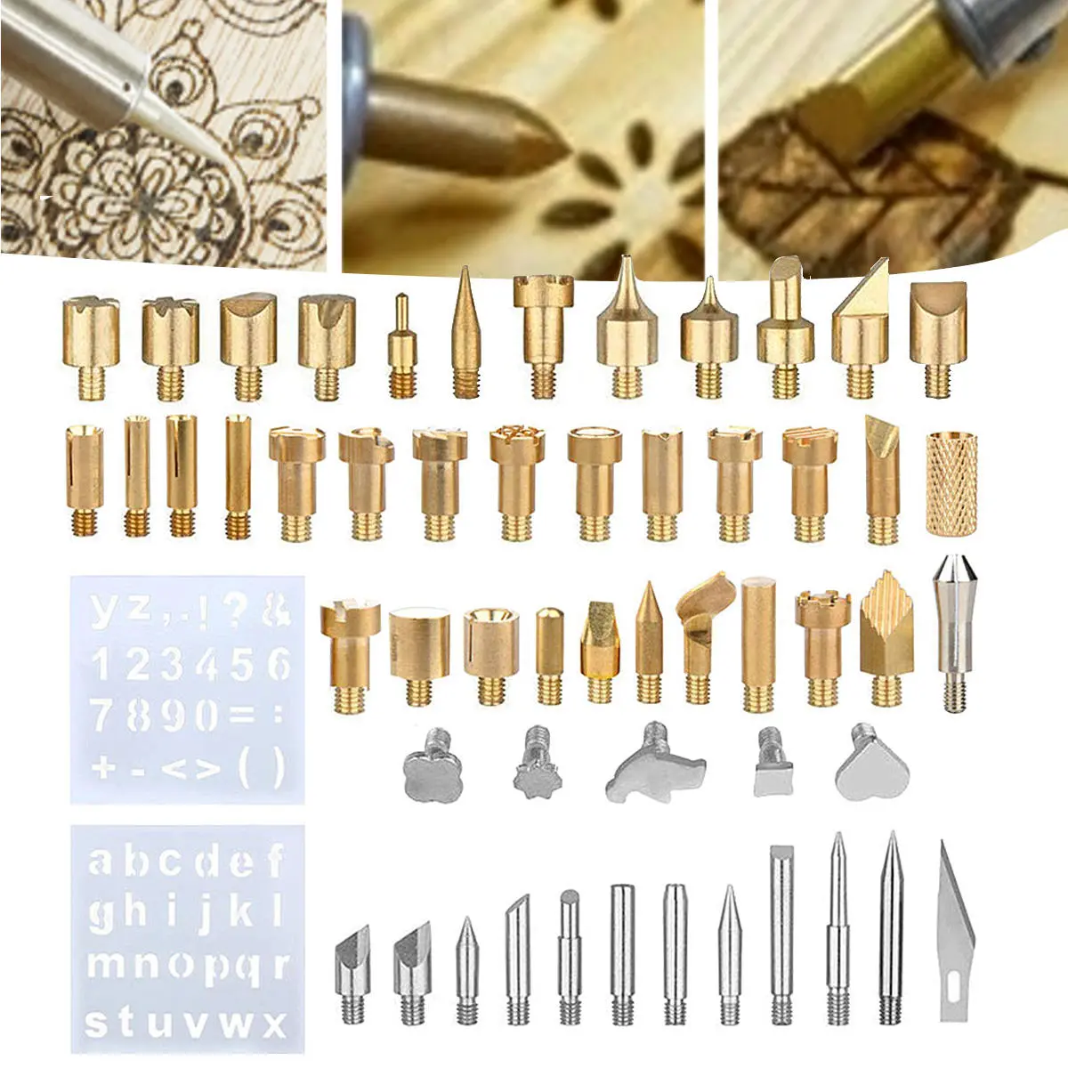 Wood Burning Kit - 57Pcs Pyrography Iron Set with Brass Tips & 2 Stencils - Image 2