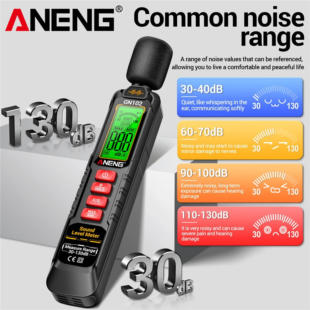 ANENG GN102 Digital Sound Level Meter - 30-130dB Range, LCD Backlit, Compact - Image 3