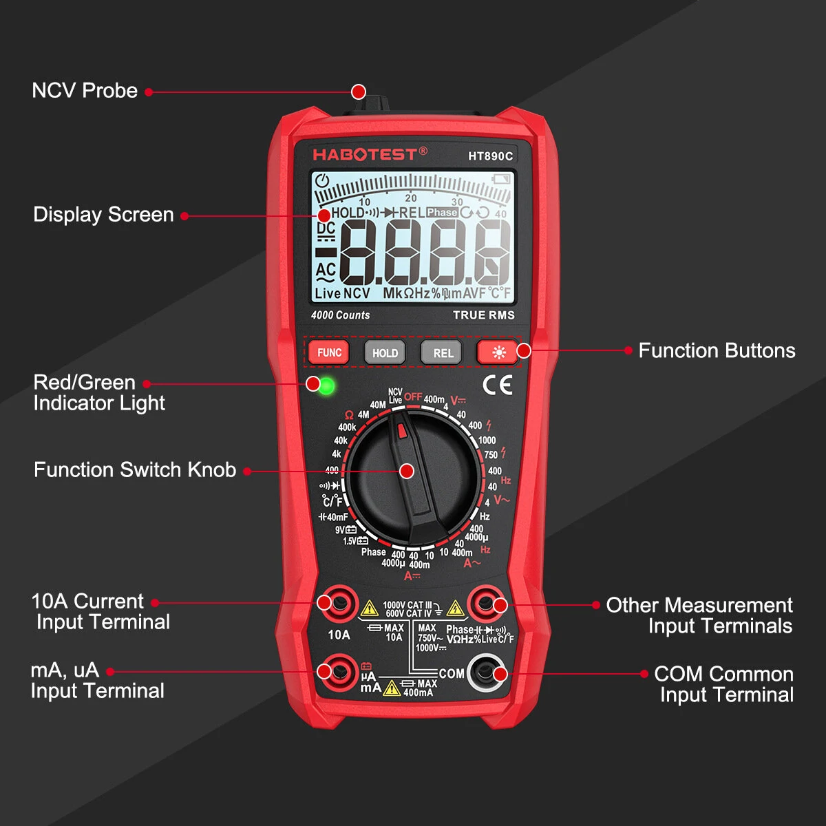 HABOTEST HT890C Professional Digital Multimeter | True RMS - Measures Voltage, Current, Temperature - Image 4