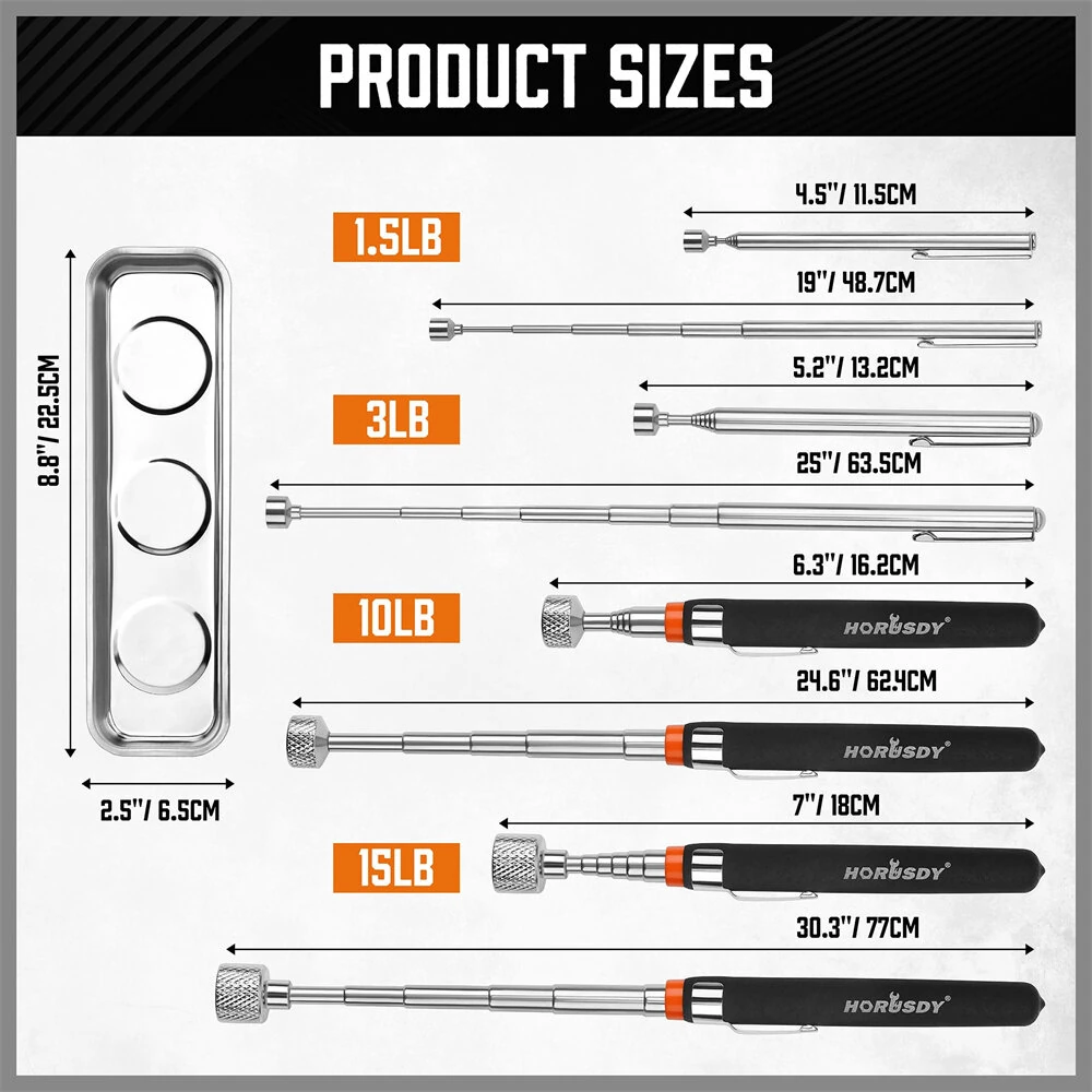 Magnetic Pickup Tools Set - 5-Piece Telescoping Sticks & Tray - 15LB 10LB 3LB 1.5LB - Rust-Proof for Mechanics & DIY - Image 2