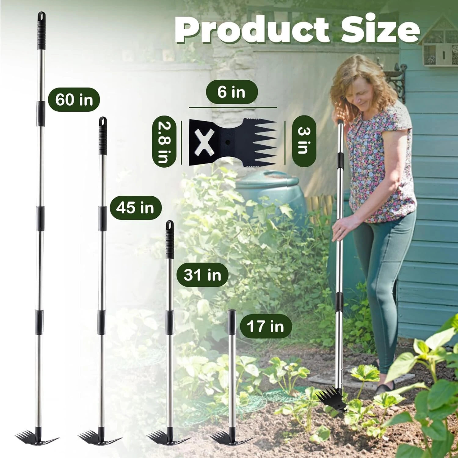 60 Inch Long Handle Weed Puller Tool | 2-in-1 Garden Hoe & Rake | Heavy Duty Stainless Steel - Image 5