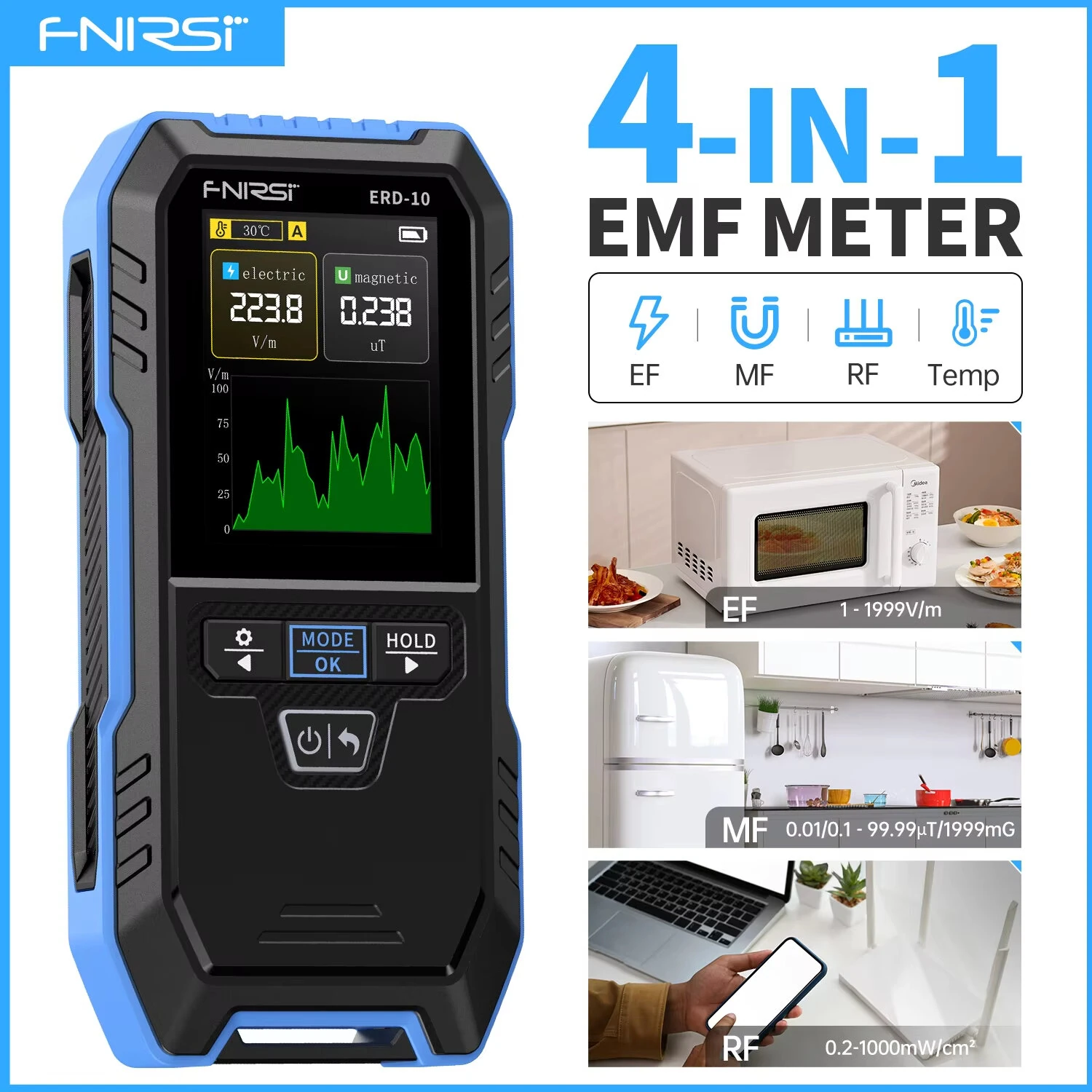 FNIRSI ERD-10 EMF Meter | High Accuracy RF Radiation Tester | Portable with Color Screen - Image 2