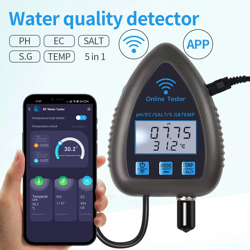 Tuya WiFi Bluetooth Water Quality Monitor - 5-in-1 PH EC SALT SG Temperature Analyzer for Aquarium Pool Hydroponics - Image 2