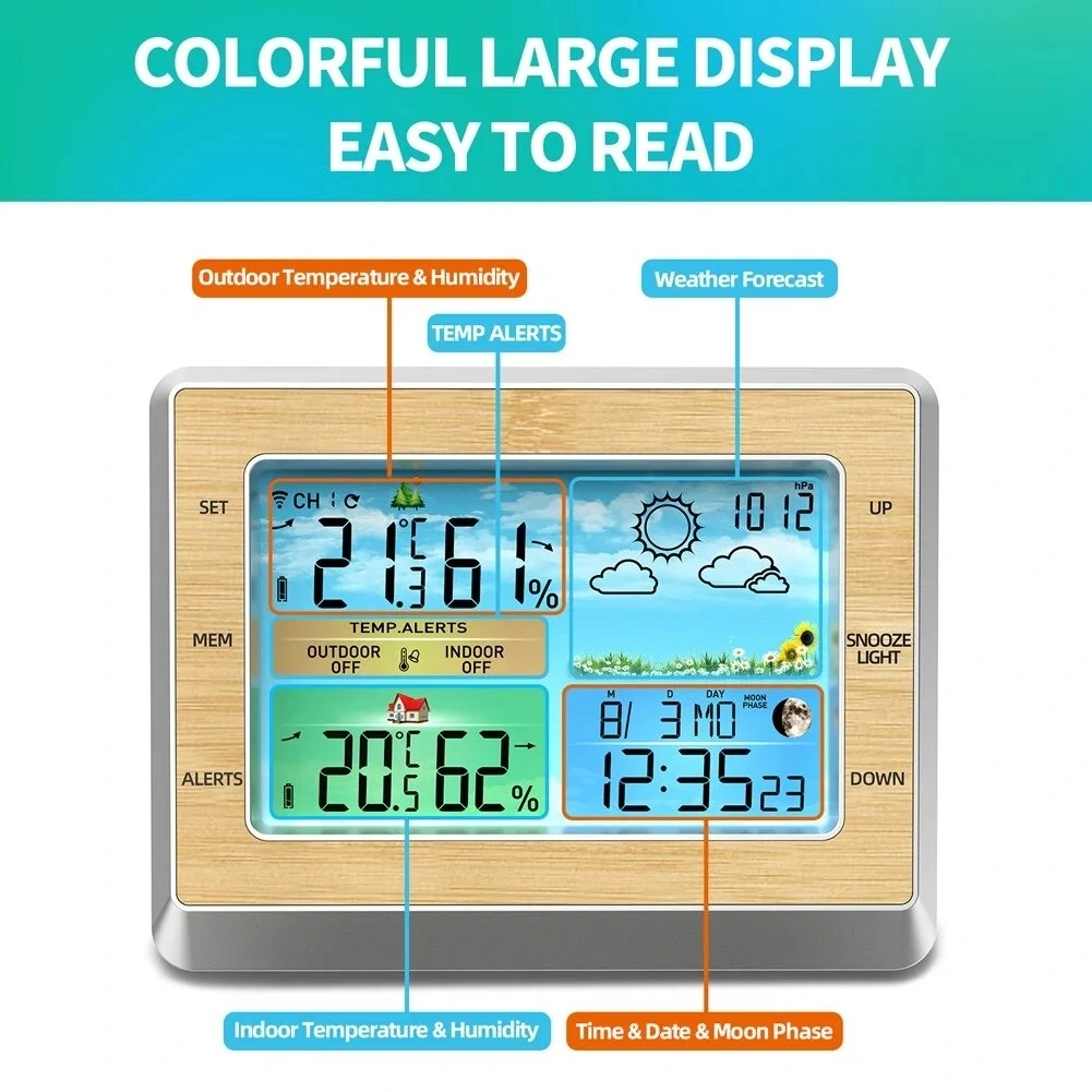 6-inch Wireless Weather Clock - Indoor/Outdoor Temp & Humidity | Moon Phase & Forecast - Image 2