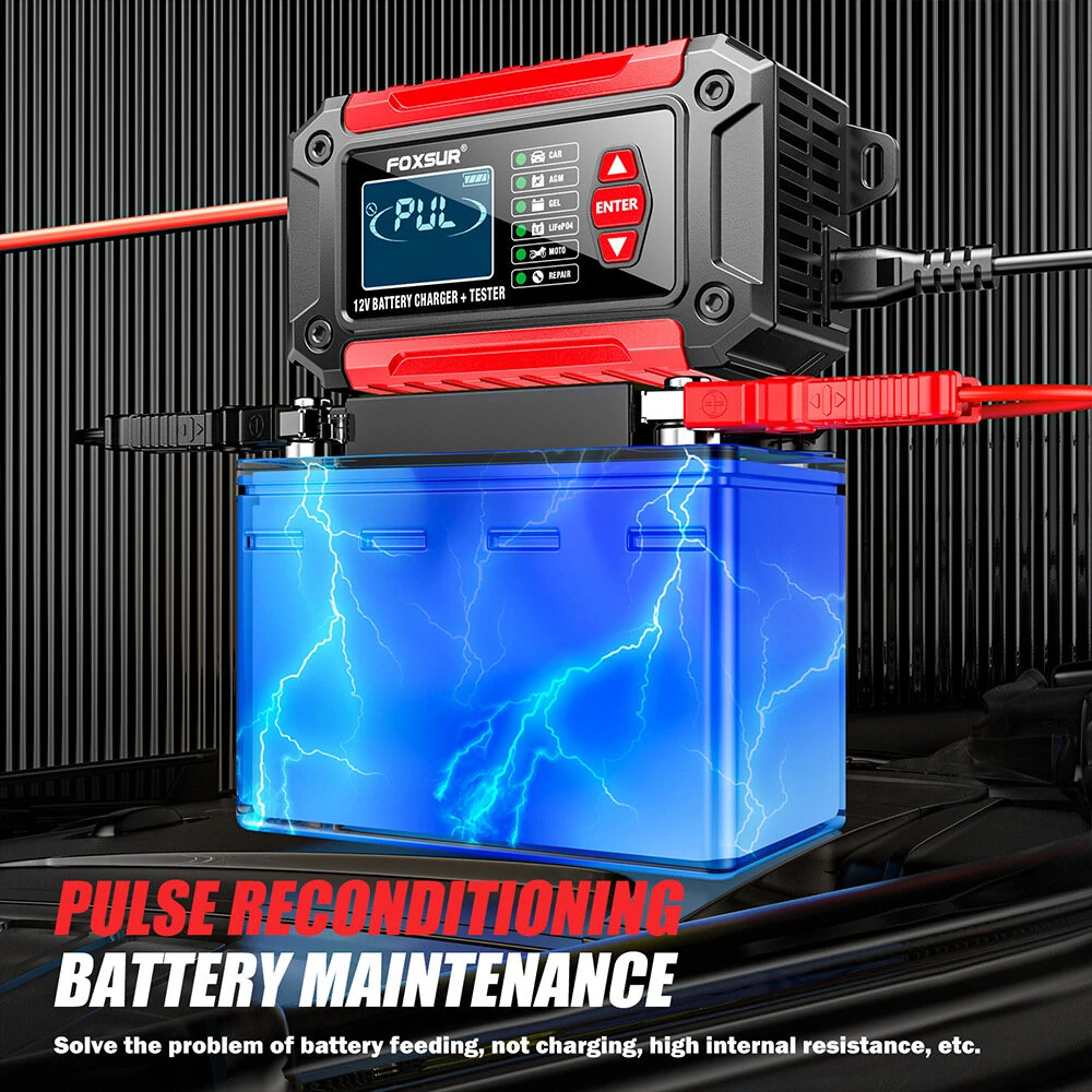 FOXUR FTC-1206 Car Battery Charger Tester | 4AH-200AH Range, Pulse Repair, LCD Screen - Image 4