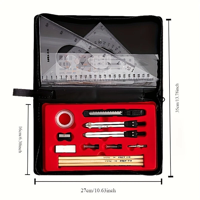 Professional 19pc Compass Drawing Kit - Aluminum Alloy CAD Design Tools | Geometric Set with Templates, Ruler & Canvas Bag - Image 5