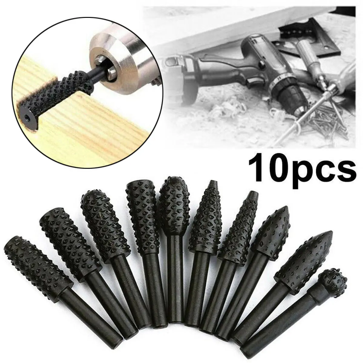 10pcs Rotary Burr Set - 6mm Shank Wood Carving & Polishing Tool | Grinding Rasp Bits - Image 2