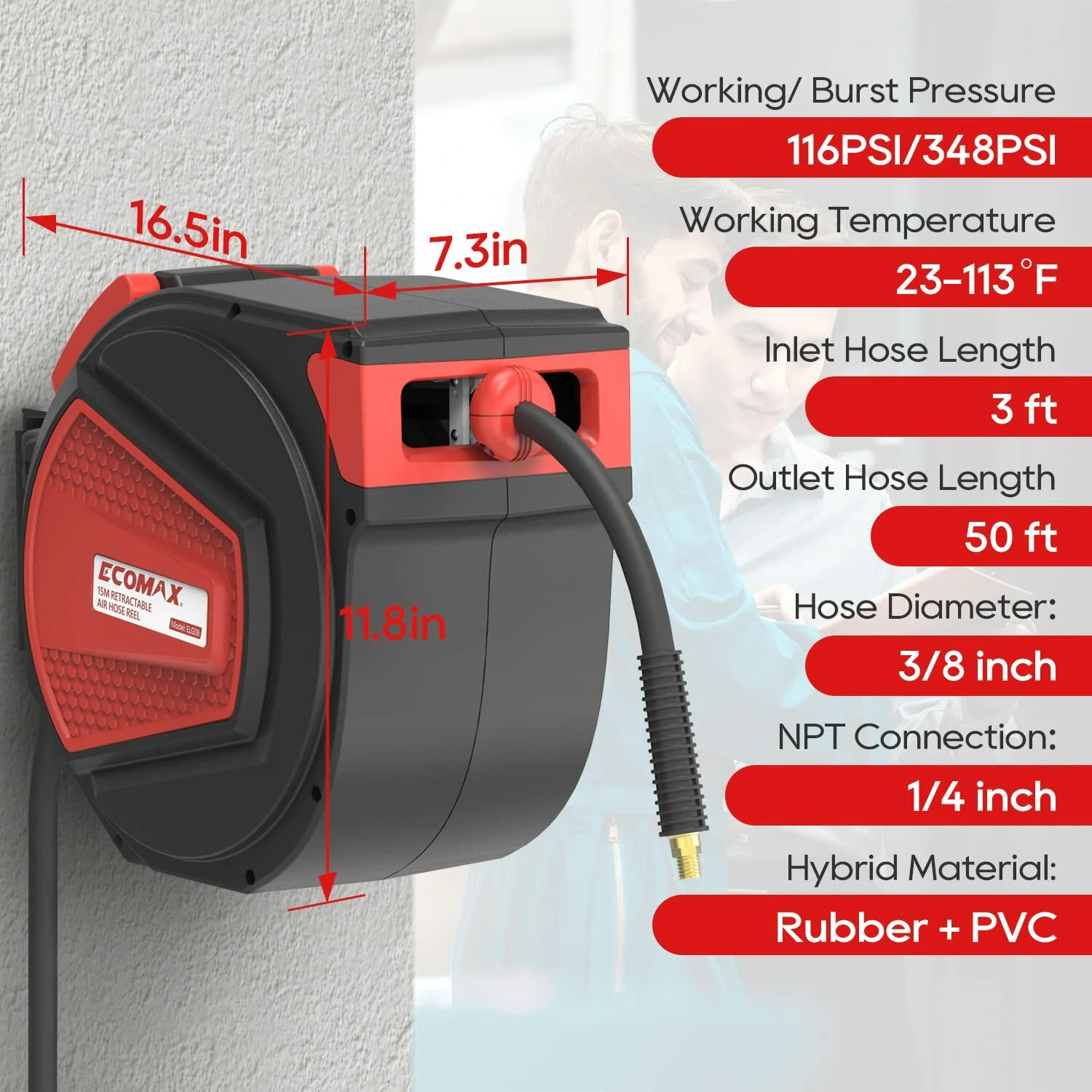 ECOMAX 3/8 in. x 50 ft Retractable Air Hose Reel | Auto Rewind Heavy Duty | 348 PSI - Image 3