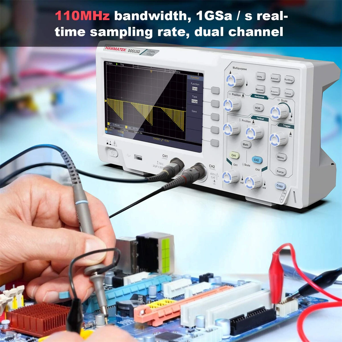 HANMATEK DOS1102 Digital Oscilloscope - 110MHz, 500MS/s, 7 Display, Dual Channel - Image 3
