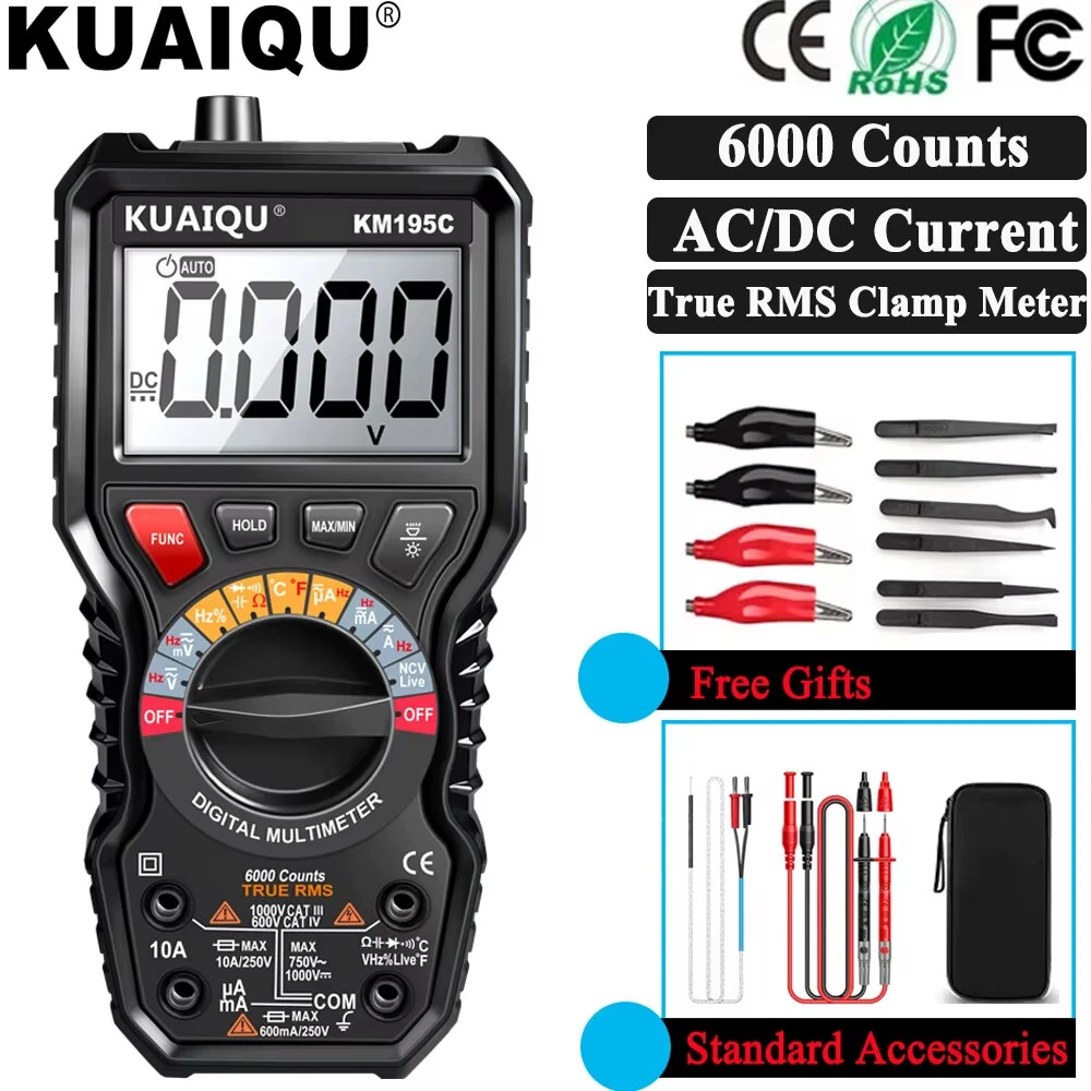 KUAIQU KM195C Digital Clamp Meter - 6000 Count True RMS Multimeter | AC/DC Voltage Current Tester 1000V 10A - Image 2