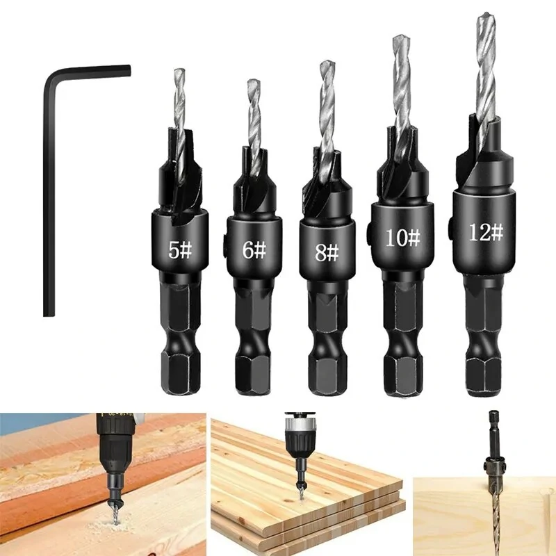 5PCS Countersink Drill Bit Set with Wrench | #5 #6 #8 #10 #12 Screw Sizes | Hex Shank Woodworking Tools - Image 2