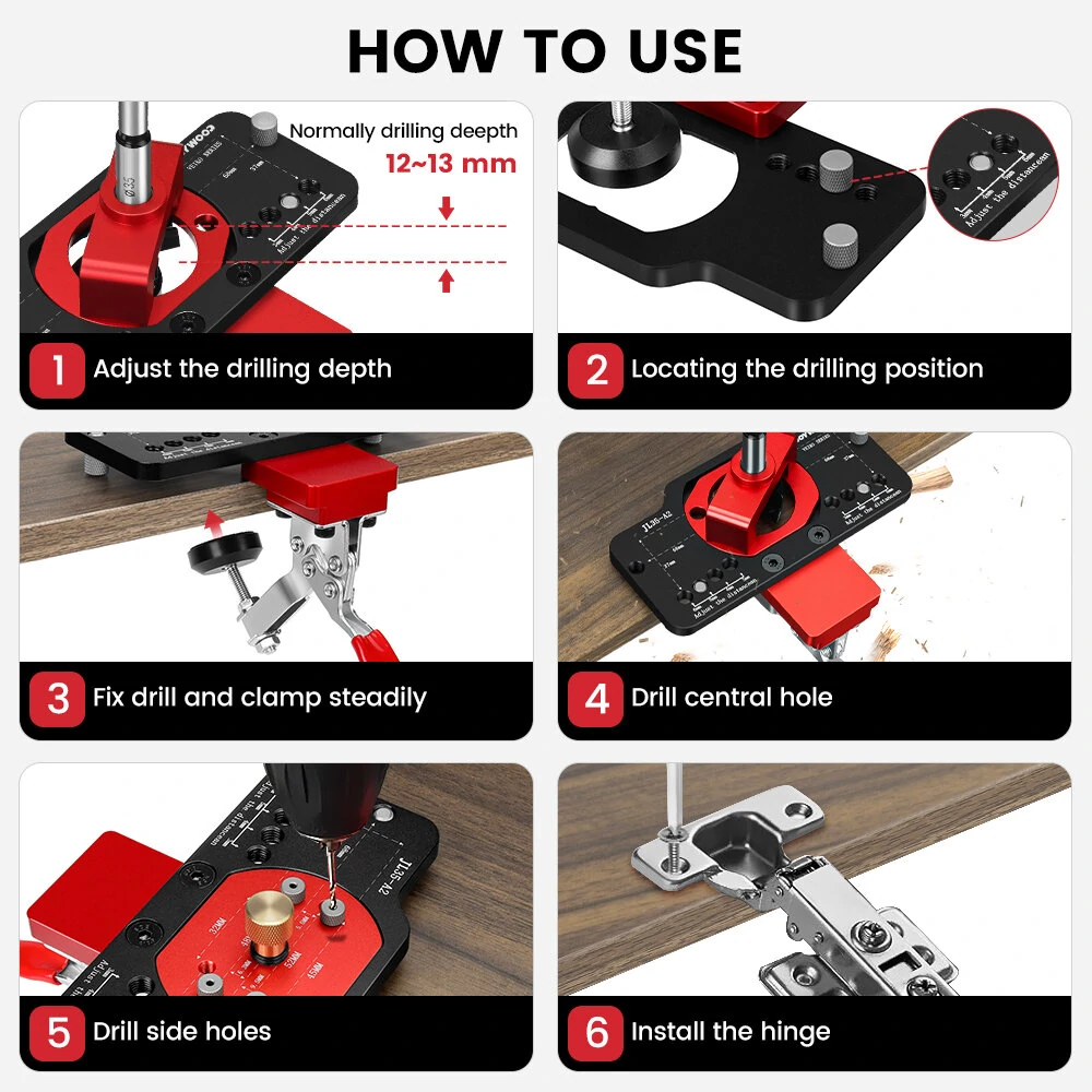 ENJOYWOOD 35MM Hinge Boring Jig with Clamp | Cabinet Door Installation Tool - Image 5