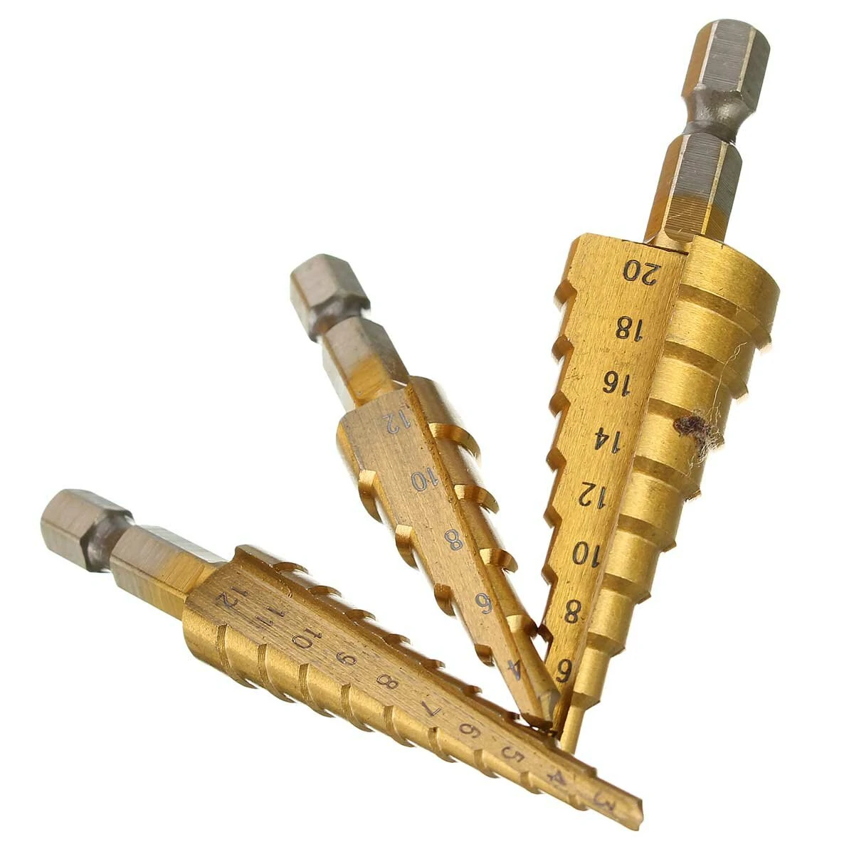 Drillpro 3Pcs HSS Titanium Step Drill Bit Set | 1/4 Inch Hex | 3-12/4-12/4-20mm - Image 3