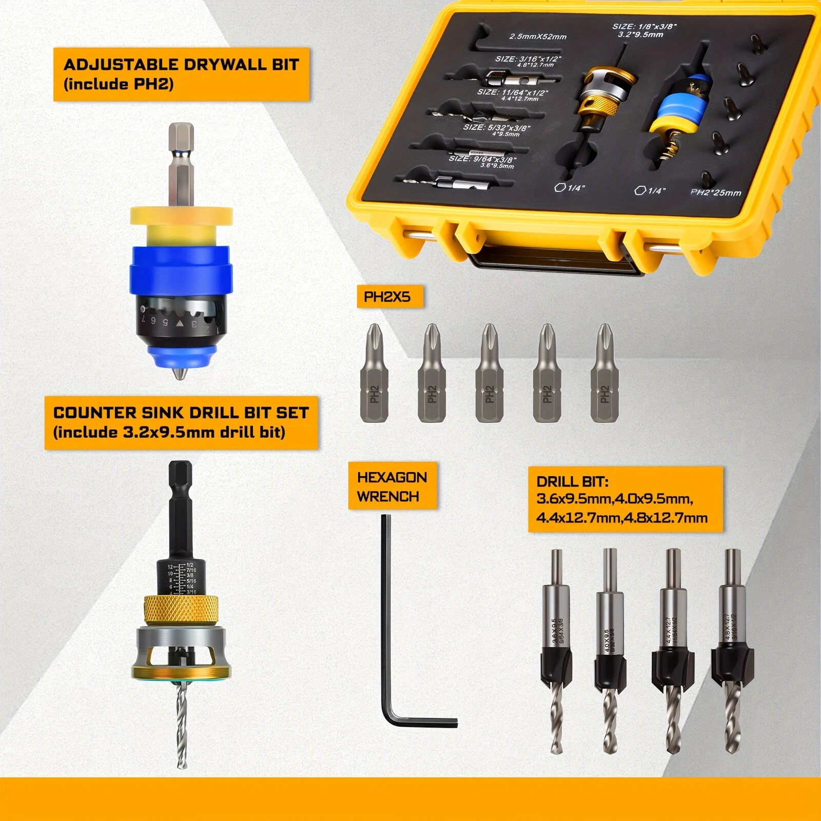 Adjustable Depth Countersink Drill Bit Set - 5 Tungsten Carbide Bits | Hex Shank - Image 4