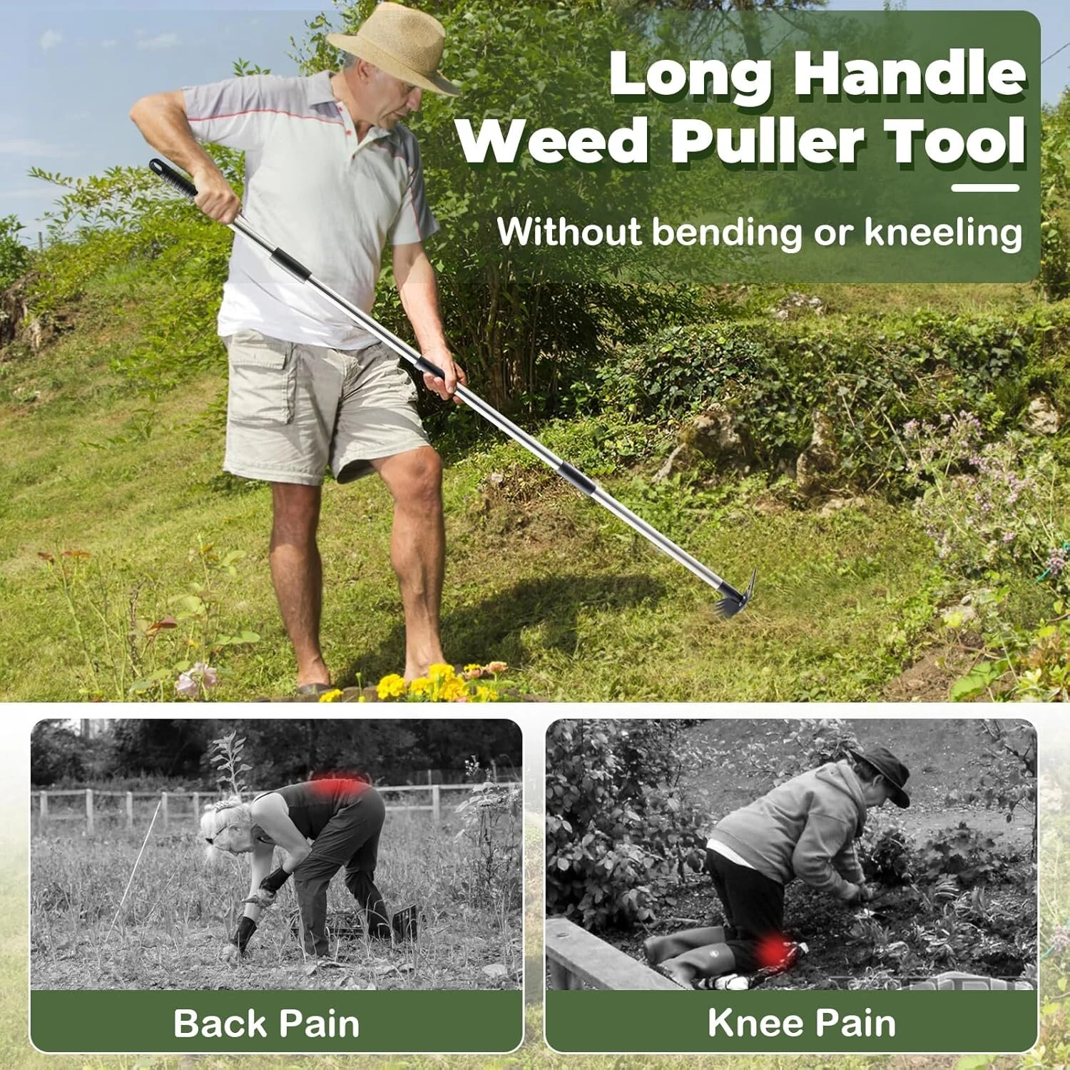 60 Inch Long Handle Weed Puller Tool | 2-in-1 Garden Hoe & Rake | Heavy Duty Stainless Steel - Image 3
