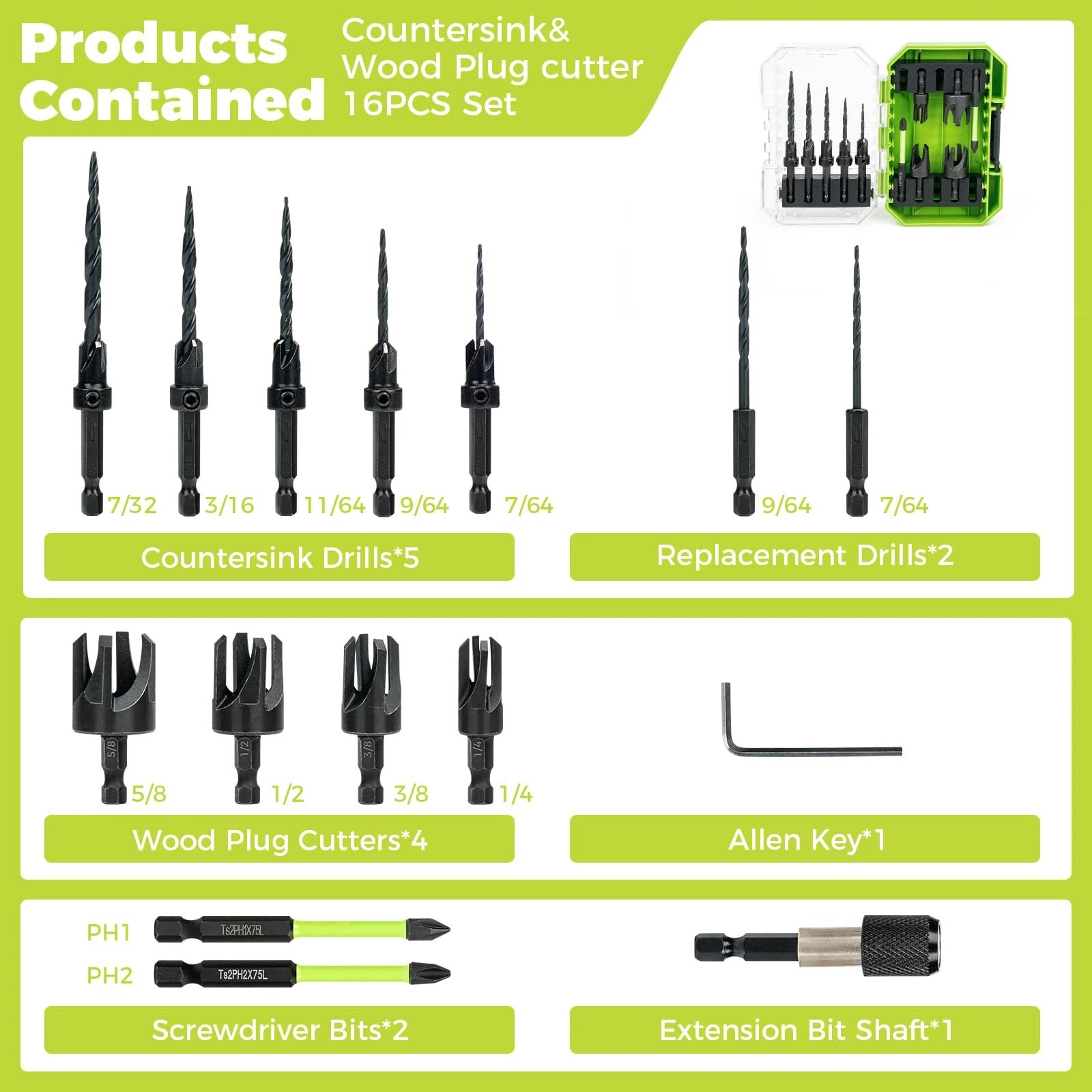 HSS Countersink Drill Bit Set - 15PCS with Adjustable Depth & Plug Cutters | Spiral Flute Woodworking Tool - Image 2