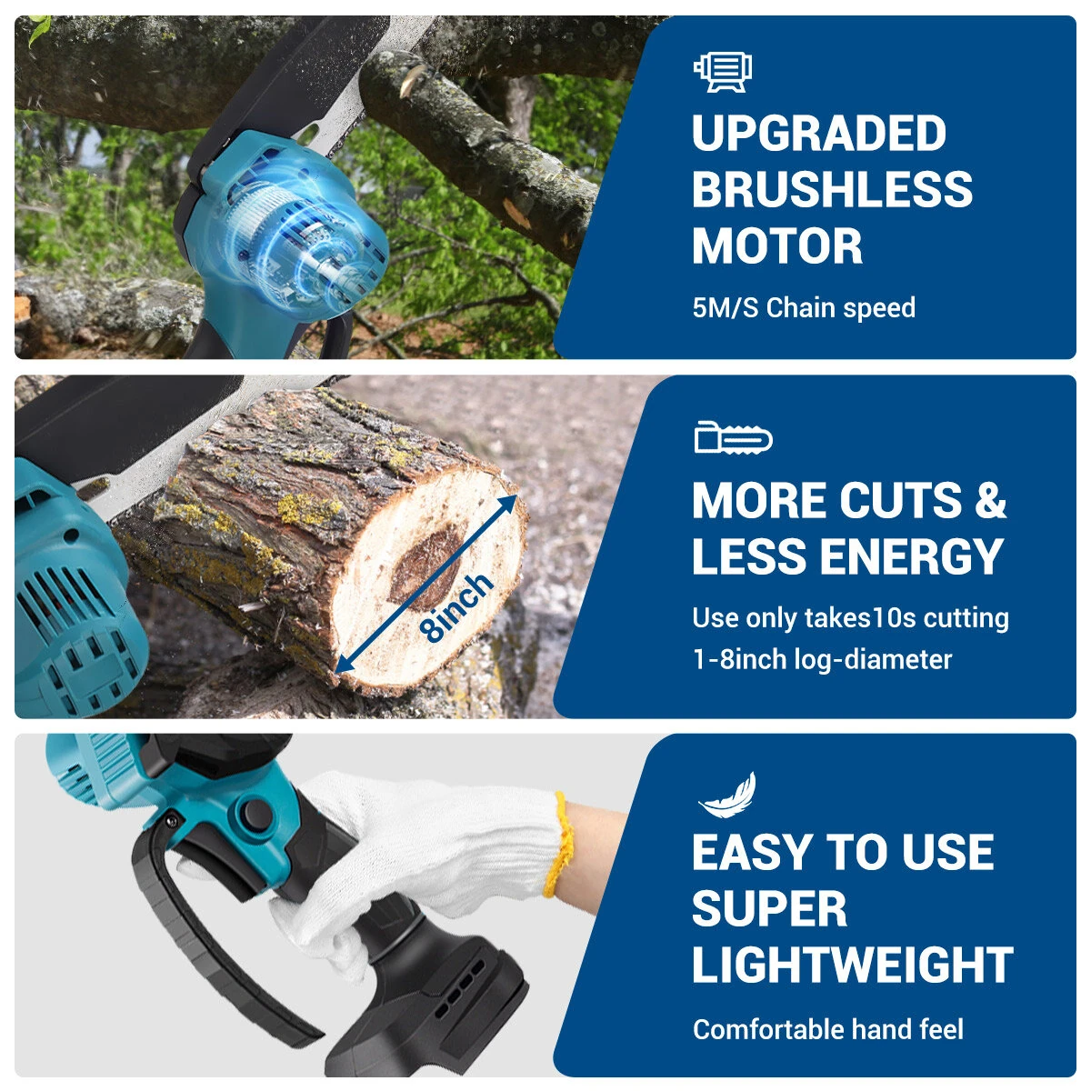 Drillpro 8 Inch Cordless Chainsaw - 3000W Brushless Motor - 18V 7500mAh Battery - Image 3