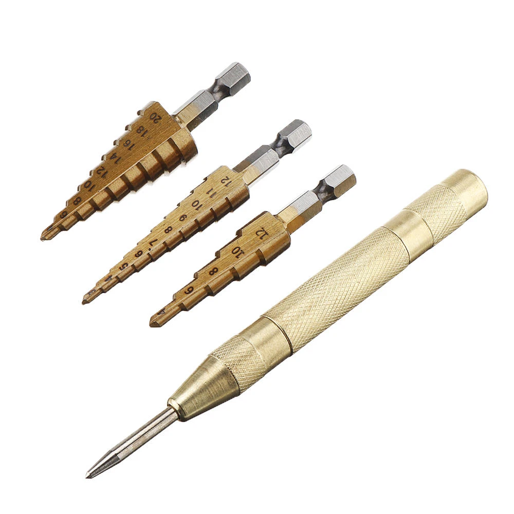 Drillpro 4pcs HSS Titanium Step Drill Bit Set - 3-20mm with Center Punch - Image 2