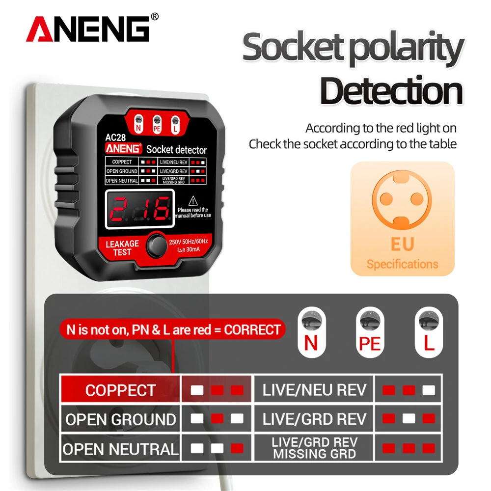 ANENG AC28 Socket Tester - UK US EU Plug Voltage Detector | Digital Display Polarity Phase Check - Image 4