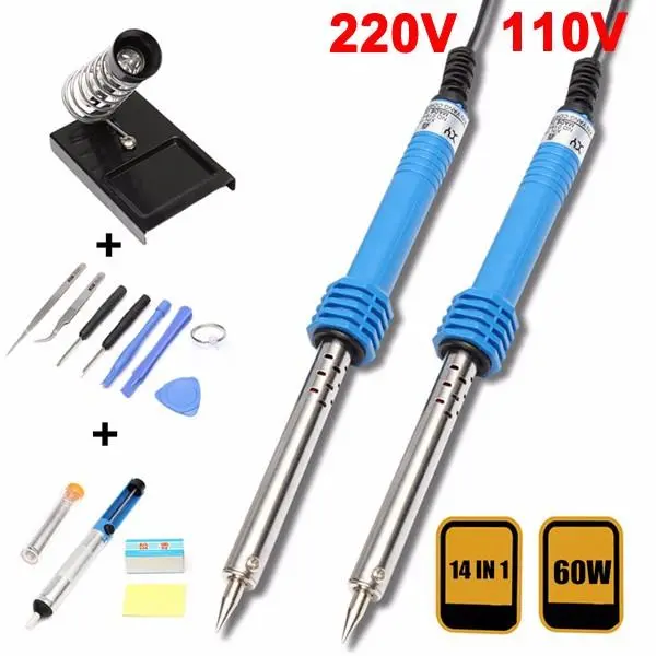 60W 110V/220V Soldering Iron Kit | 14-in-1 Starter Tool Set with EU Plug - Image 2