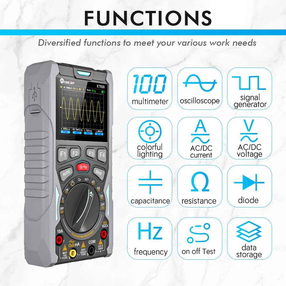 ET928 3-in-1 Digital Oscilloscope Multimeter Signal Generator | 50Msps, 320x240 Display | Portable Professional Tool - Image 2