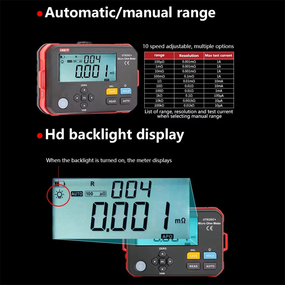 UNI-T UT620C+ Micro Ohmmeter | 0.001mΩ to 300kΩ | 1A Four-Wire USB Rechargeable - Image 4