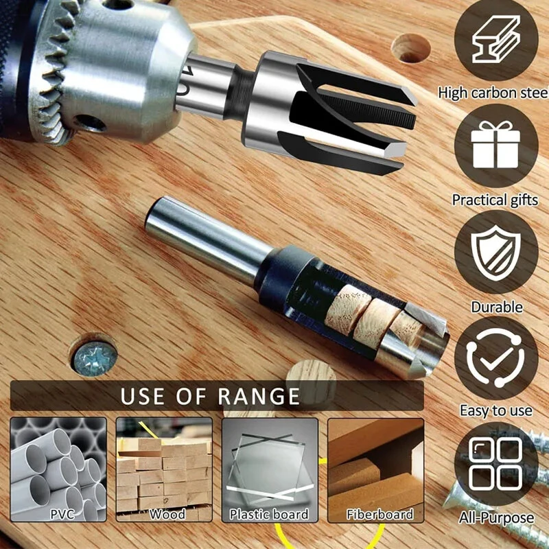 8 Pc Carbon Steel Wood Plug Cutter Set - Straight & Tapered Drill Bits - Image 4