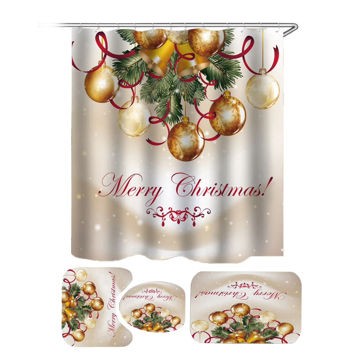 Merry Christmas Bath Shower Curtain Set - 180x180cm Waterproof & Non-Slip Mat - Image 2