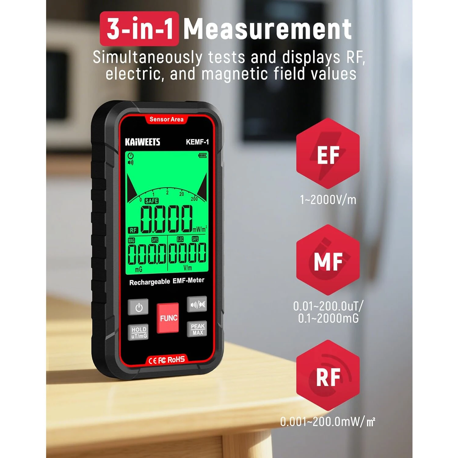 KAIWEETS KEMF-1 EMF Detector | 3-in-1 Handheld Meter for Magnetic RF WiFi Radiation - Image 2