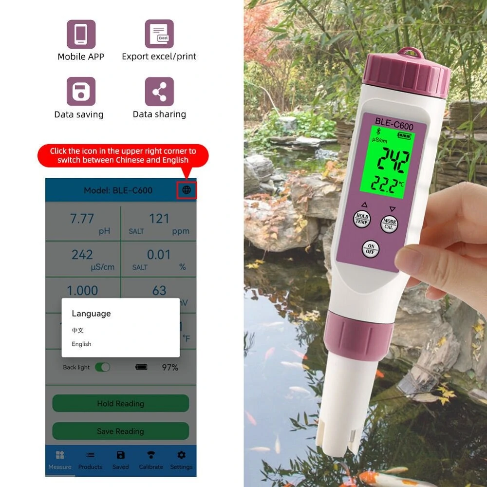 CCOWAY C600 7-in-1 Bluetooth Water Tester | pH TDS EC ORP Temp | Mobile App Control - Image 5