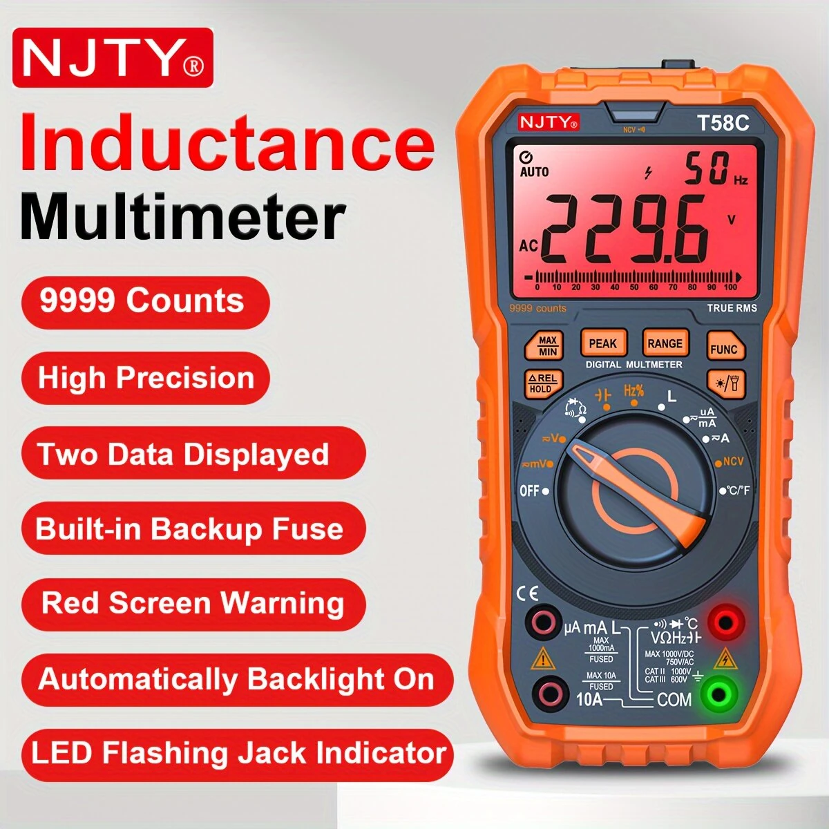 NJTY T58B T58C Inductance Multimeter | 9999 Counts AC DC Voltage Current Tester - Image 2