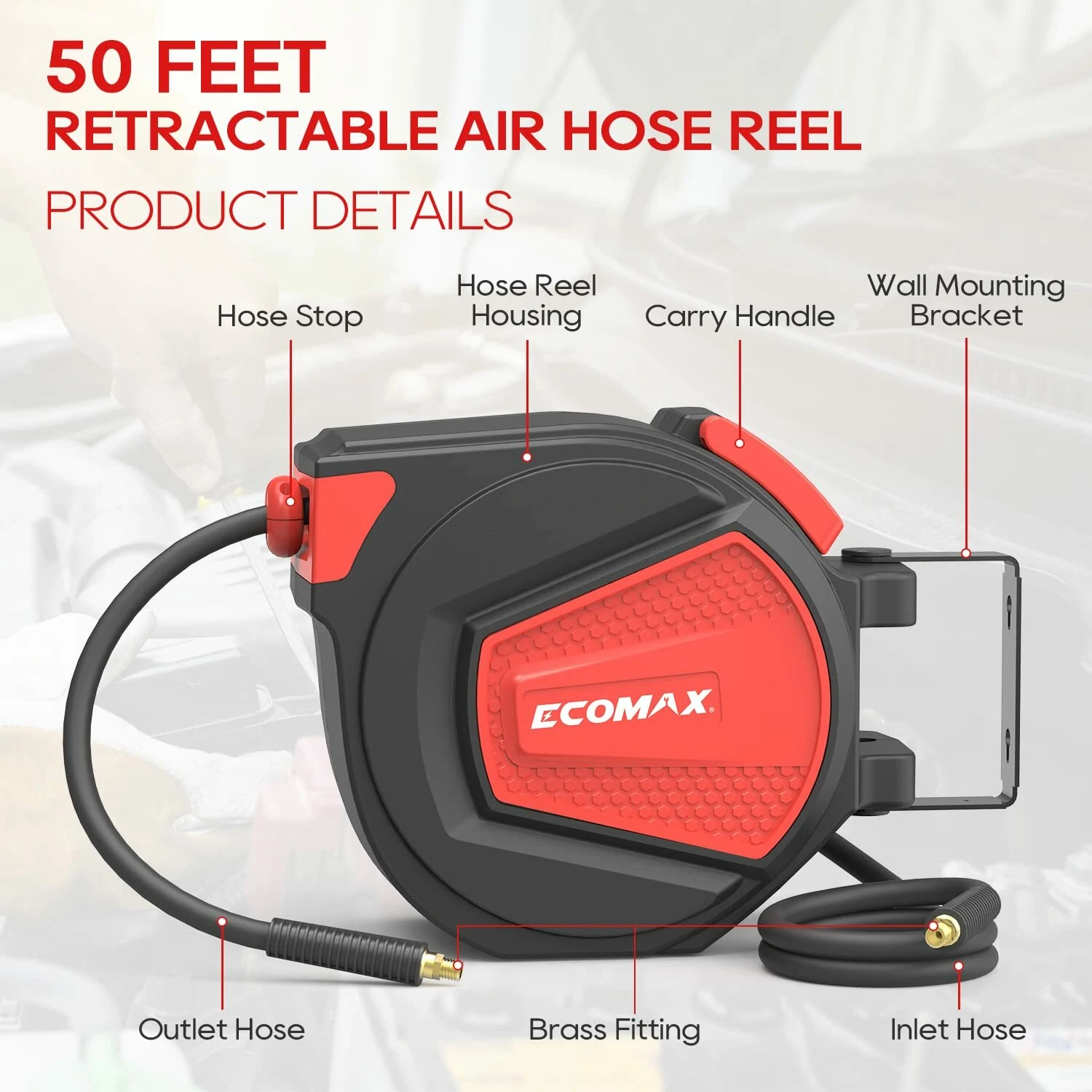 ECOMAX 3/8 in. x 50 ft Retractable Air Hose Reel | Auto Rewind Heavy Duty | 348 PSI - Image 4