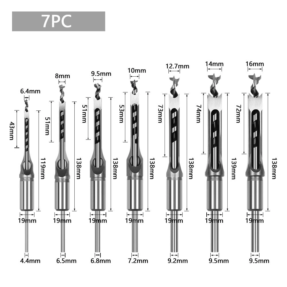 7PCS Woodworking Square Hole Drill Bit Set | Mortising Chisel & Auger | 6.4-16mm - Image 3