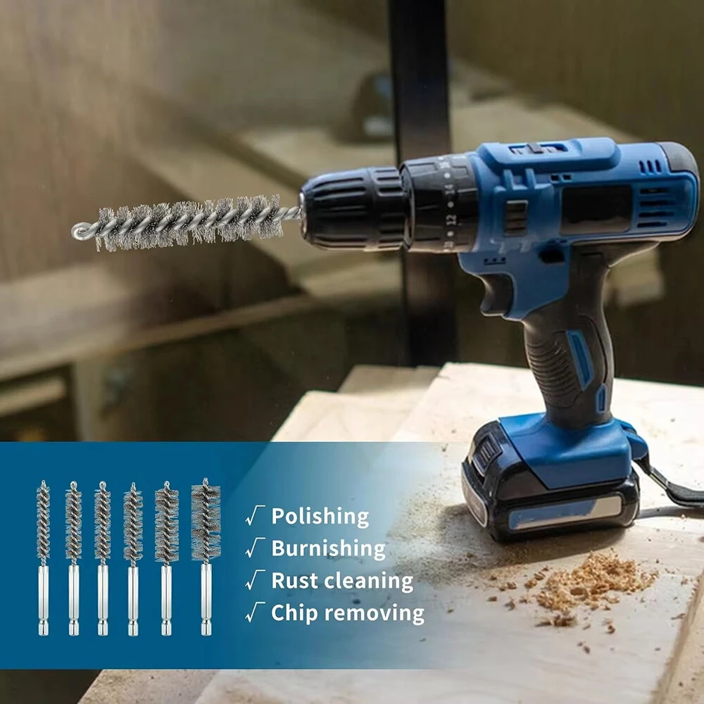 Premium Stainless Steel Bore Brush Set - 6 pcs Straight Wire for Drill - Rust Removal - Image 2