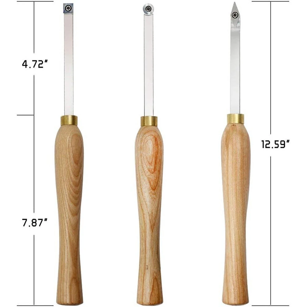 Wood Lathe Chisel Set - 3 PCS Carbide Tools w/ Square Round Diamond Blades - Image 2