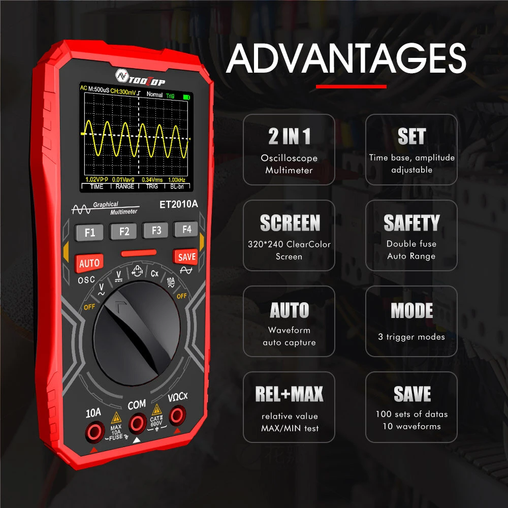 ET2010A Oscilloscope Multimeter | 1MHz Bandwidth 2-in-1 Digital Tester | 2.5Msps - Image 3