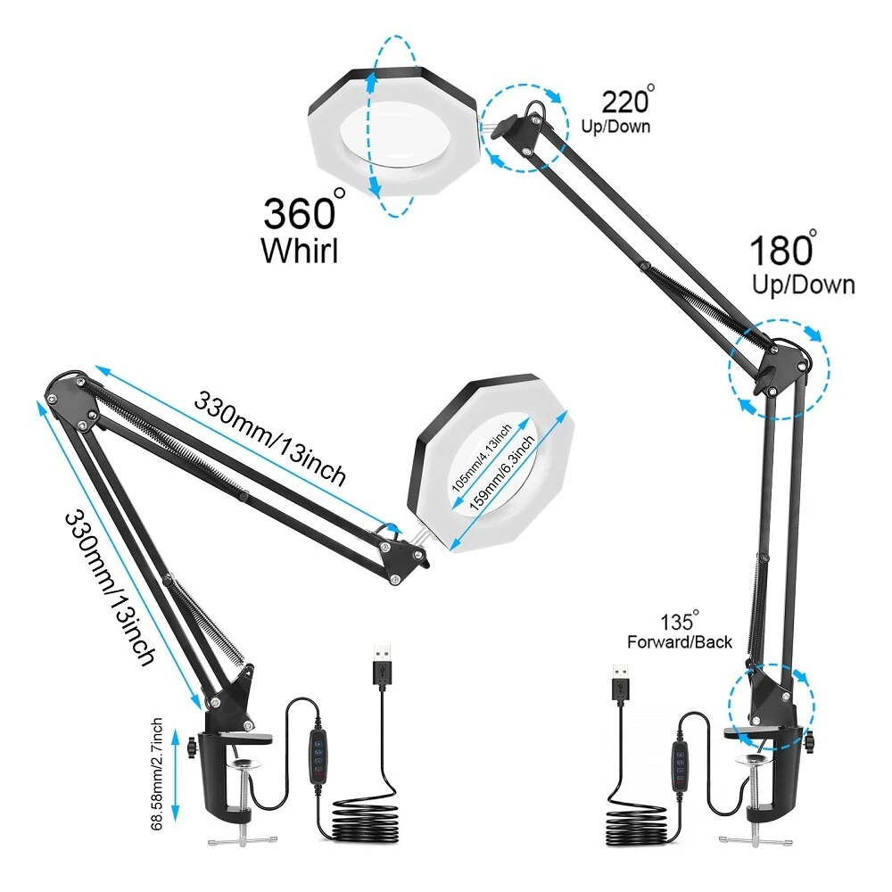 NEWACALOX 5X Soldering Third Hand Tool - USB Table Clamp Magnifier with 3 Color LED Light - Image 4