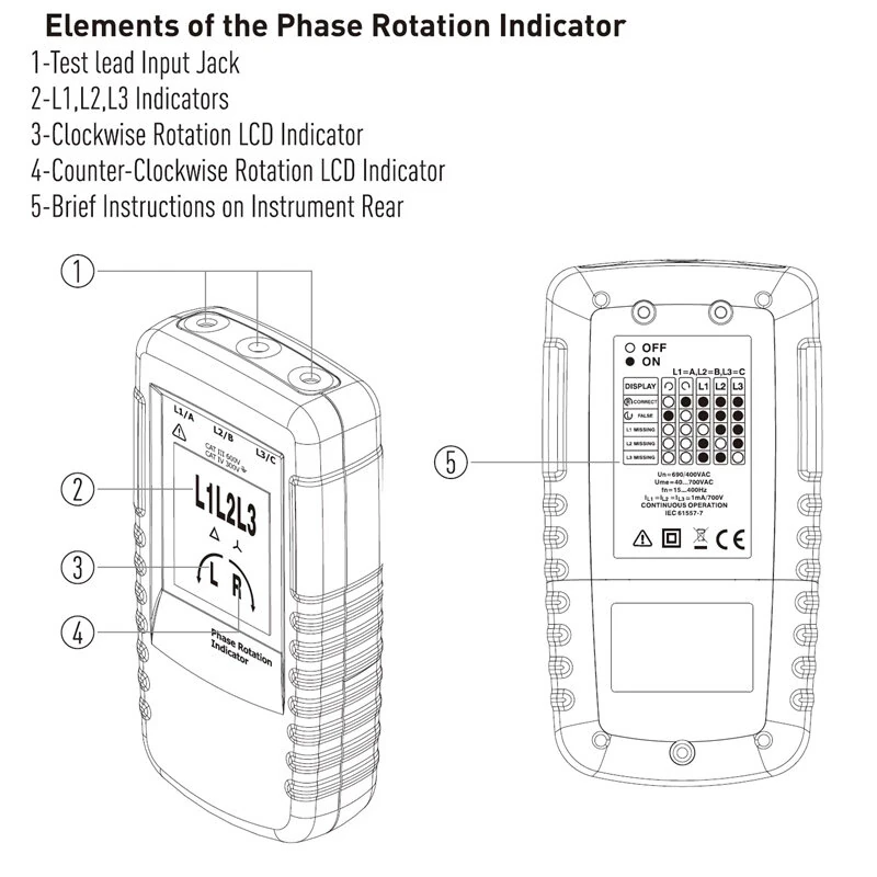 DT-901 Phase Indicator | 40V-690V AC | LCD Display | 15Hz-400Hz Frequency - Image 3