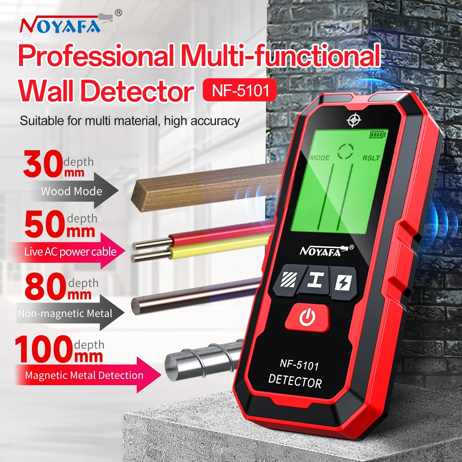 NOYAFA NF-5101 Stud Finder | 5-in-1 Wall Scanner Detects Metal Wood & Live Wires - Image 2