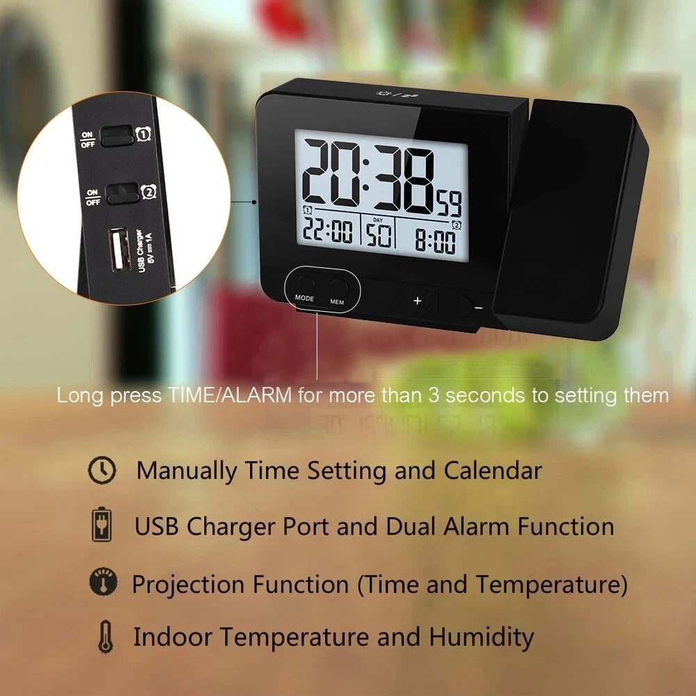 Projection Alarm Clock with Thermometer Hygrometer - Dimmable LED Display USB Charger - Image 4