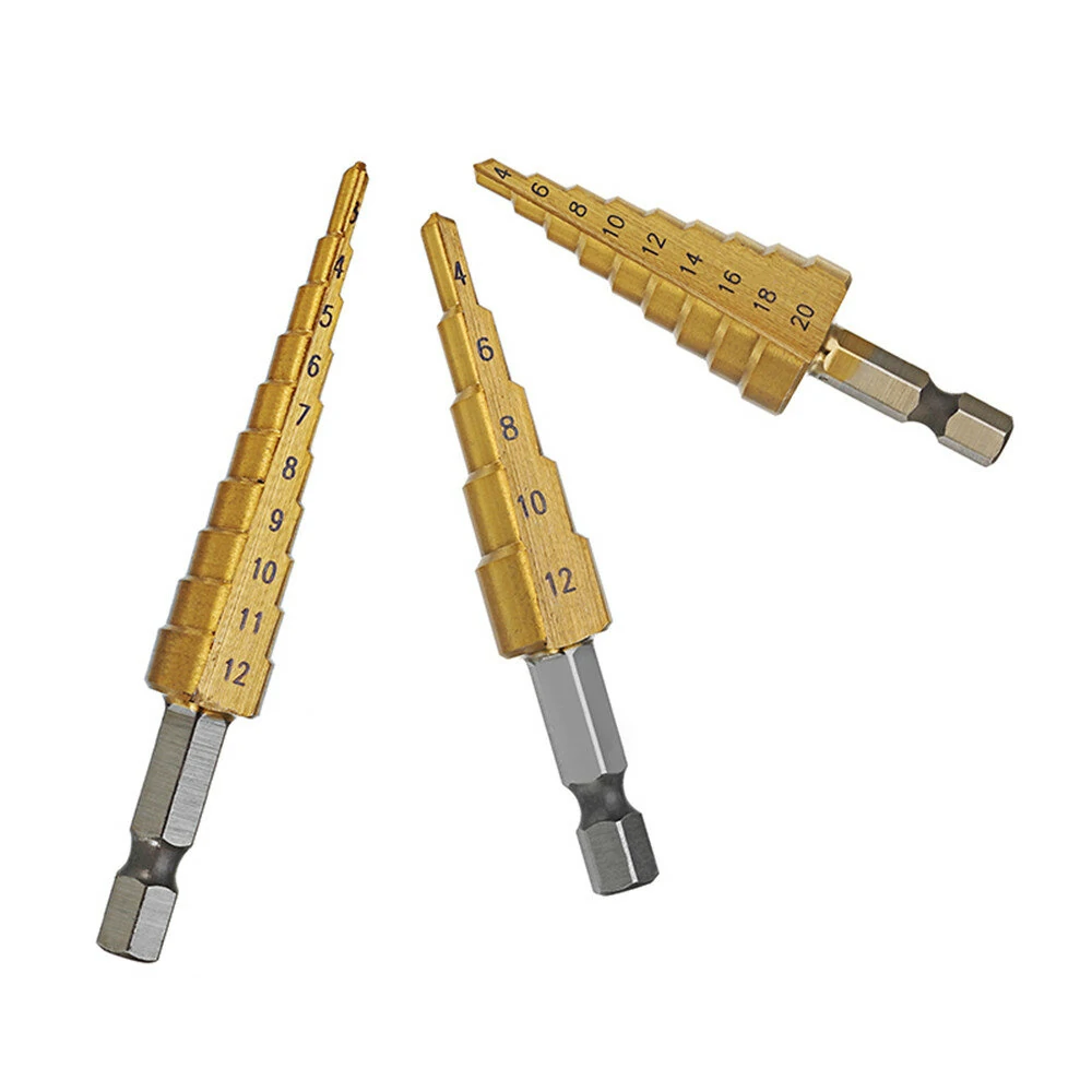 Drillpro 3Pcs HSS Titanium Step Drill Bit Set | 1/4 Inch Hex | 3-12/4-12/4-20mm - Image 4