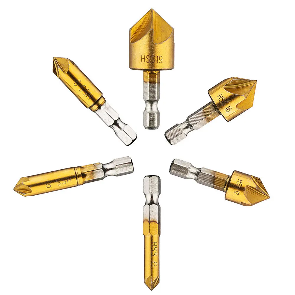 6pcs 6mm-19mm 5 Flute Countersink Drill Bit Set | 90 Degree Chamfer Cutter | 1/4 Inch Hex Shank - Image 3