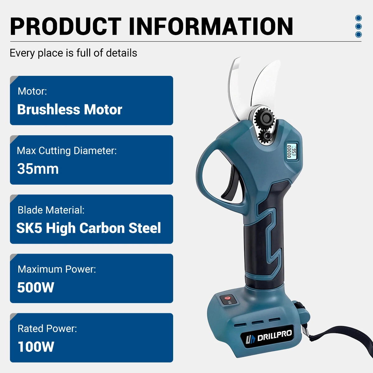 Drillpro 500W Cordless Pruning Shears - 35mm Cut SK5 Steel Blade | Rechargeable - Image 2